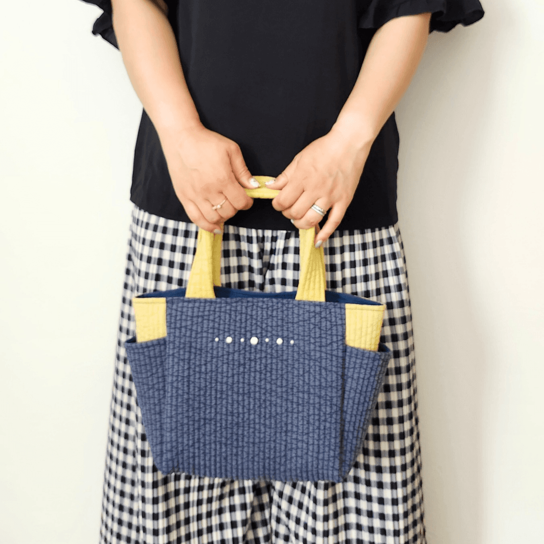 ゴッホ《星月夜》ヌビハンドバッグ ネイビー×マスタード サイドポケット付き♡ ヌビバッグ パール イニシャル刺繍 丸洗い | 3枚目